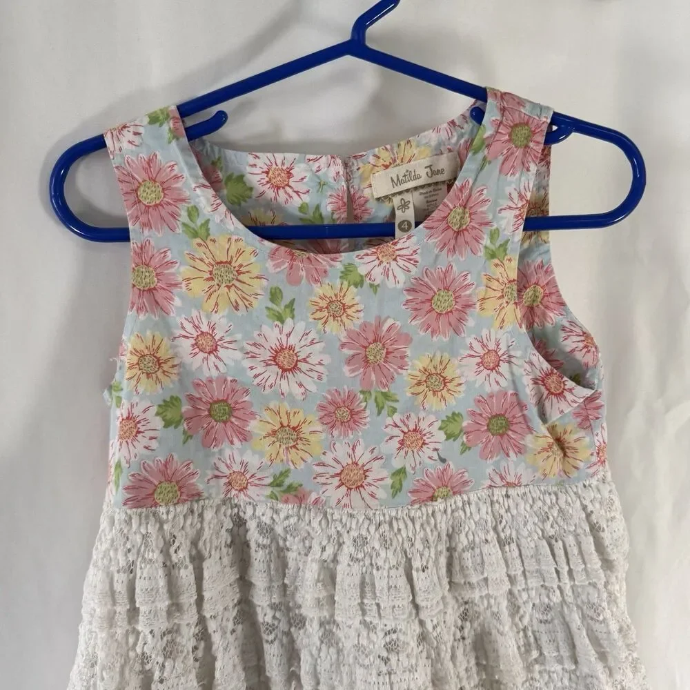 Matilda Jane Dress Girls 4 Blue Pink Floral Lace Sleeveless Pullover